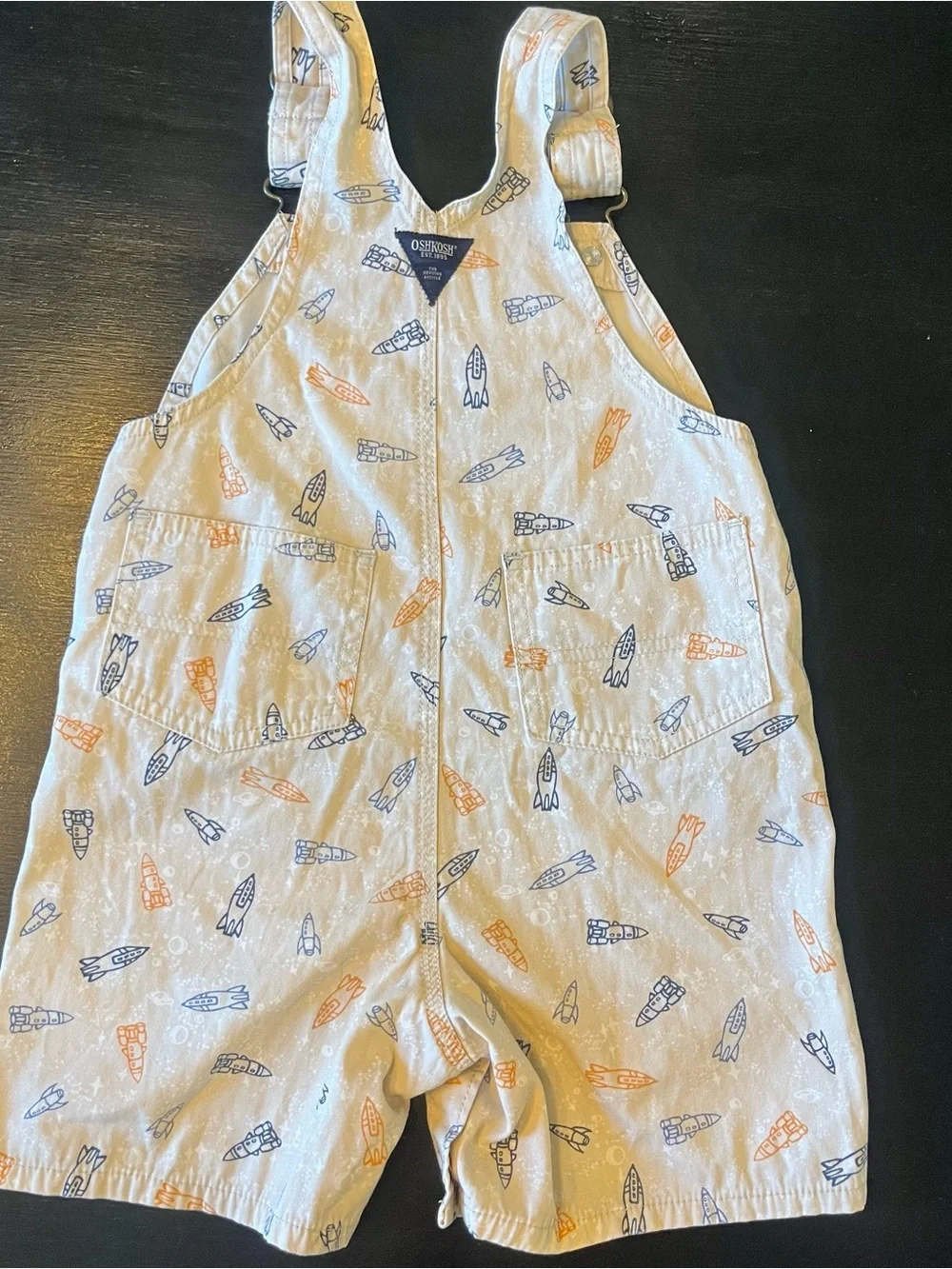 OshKosh B'gosh Y2K White Overalls with Blue and Orange Rocket Print 24m